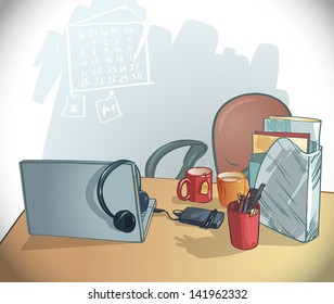office working place. vector illustration. table, chair, laptop, mugs, folders, pens and pencils