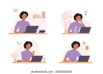 Office working process Set. Woman sitting at the table with laptop, documents and talking by phone. Home workplace for education, remote work, teleworking. Business people illustration in flat design