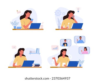 Office working process Set. Woman sitting at the table with laptop, talking by phone, communicates online with colleagues. Home workplace for education, remote work, teleworking