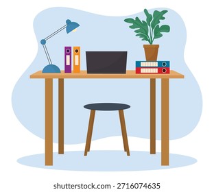 Espacio de trabajo de la oficina con las carpetas coloridas lámpara de escritorio del ordenador portátil y planta que crean una escena moderna de la sala de negocios
