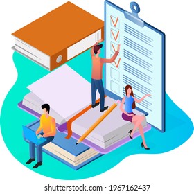 Office work.Office workers occupying the workspace.People conduct conversations and negotiations.Brainstorming and decision-making.3d image.Isometric vector illustration.