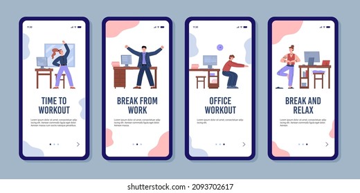 Entrenamiento de oficina y descanso del trabajo para deporte y relajación de carteles o afiches. Establece banners para web o aplicación con personas que hacen ejercicio en el lugar de trabajo, ilustración vectorial plana.