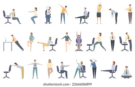 Office workout icons set cartoon vector. Ergonomic break. Sport activity