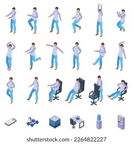 Los iconos de entrenamiento de oficina establecen un vector isométrico. Encuadernación ergonómica. Estirando a la gente
