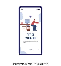 Office workout and sport training template of onboarding screen with cartoon character. App for work life balance and keeping active, flat vector illustration.