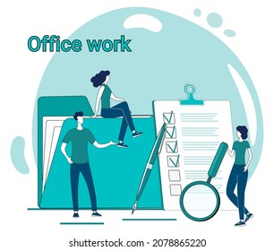 Office work.People are doing paperwork, sorting files and systematizing them.Flat vector illustration in green.