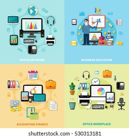 Office workplace 2x2 design concept with business education accounting finance and network flat compositions vector illustration