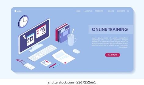 Office workplace accessories and digital equipment in isometric view. Freelance home workspace. Programmer stationery: laptop, mobile phone, computer, calendar. Work desk concept. Vector illustration