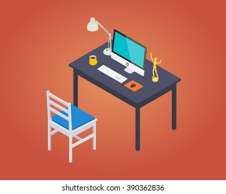 Office workplace against the red background. 3D isometric vector concept illustration