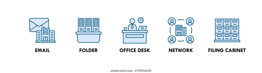 Office and Workplace banner web icon illustration concept with icon of email, folder, office desk, network, and filing cabinet