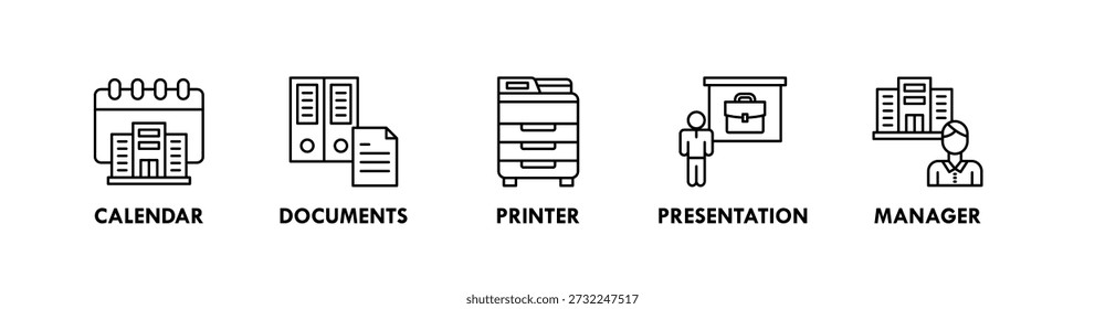 Concepto de ilustración de icono de Web de Anuncio de oficina y lugar de trabajo con icono de calendario, documentos, impresora, presentación, gerente