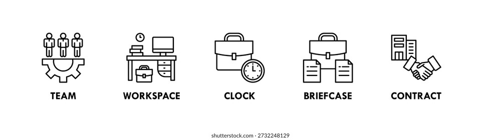 Office und Workplace Banner Web-Symbol-Illustration Konzept mit Symbol für Team, Arbeitsbereich, Uhr, Aktentasche, Vertrag