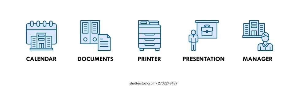 Concepto de ilustración de icono de Web de Anuncio de oficina y lugar de trabajo con icono de calendario, documentos, impresora, presentación, gerente