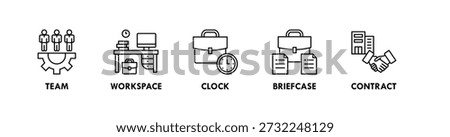 Office and Workplace banner web icon illustration concept with icon of team, workspace, clock, briefcase, contract