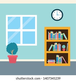 office workplace bookshelf clock plant window background vector illustration