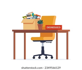 Office workplace and box with office things. Dismissed. Fired from job. Empty office armchair. Recruitment and people management vector concept illustration