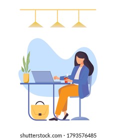 Office workplace. Business concept of vector character in flat style. Woman with laptop sitting at the table