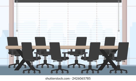 Office workplace for business conference, Meeting room concept with no people, Modern office interior with long table and city view, Office background illustration.