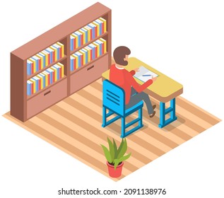Office workplace. Business man professional working with laptop and documents on table. Employee working, remote job using personal computer for tasks completion. Man sitting near bookshelf with books