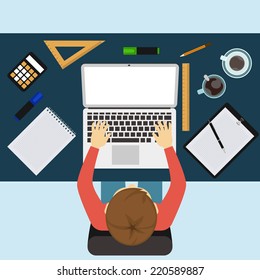 Office workplace. Business man working with laptop and documents on table, top view. Flat design cartoon style