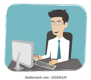 Office workplace. Business man working at computer. Cartoon character. Flat vector with frame.