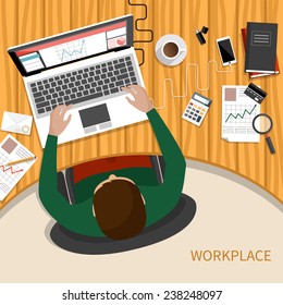 Office workplace. Business man working with laptop and documents on table, top view. Flat design cartoon style