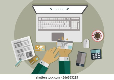 Office workplace. Business man working with laptop and documents, top view. Flat design illustration
