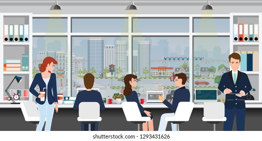 Office workplace with business people, co working, taking together in front of window with cityscape view outside vector illustration.