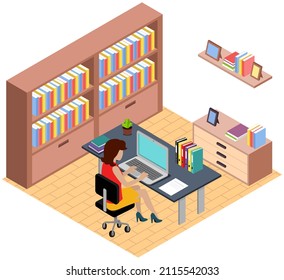 Office workplace. Business woman professional working laptop and documents on table. Employee working, remote job using personal computer for tasks completion. Female sitting near bookshelf with books