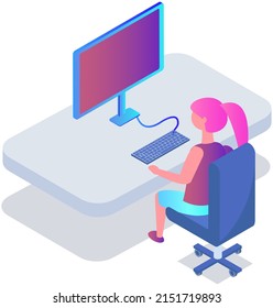 Office workplace. Business woman working with laptop and documents. Employee working from home, remote job using personal computer for tasks completion. Student studying independently