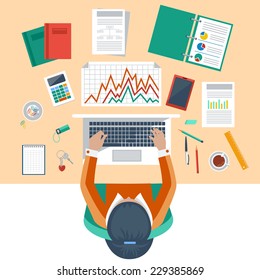 Office workplace. Business woman working with laptop and documents on table, top view. Flat design cartoon style