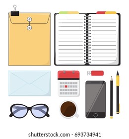 Office Workplace. Business workflow items and elements, office things and equipment. Working Concept. Top View. Flat style vector Illustration.