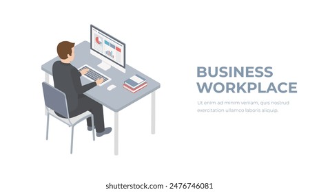 Office workplace. Businessman looking at the laptop screen. Man working at the computer. Flat 3d vector isometric illustration