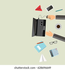 Office workplace. Businessman working with laptop on table. Place for text. Top view. Flat vector illustration.