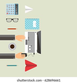 Office workplace. Businessman working with laptop on table. Place for text. Top view. Flat vector illustration.