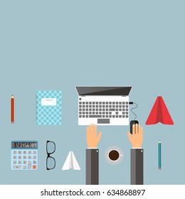 Office workplace. Businessman working with laptop on table. Place for text. Top view. Flat vector illustration.