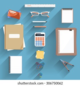 Office workplace. Calculator, ruler, book and paper page icon on an office desk. Flat icon modern design style concept 