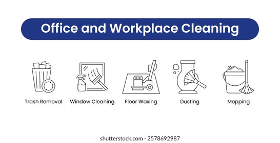 Office and Workplace Cleaning. Icons included: Floor Waxing, Trash Removal, Window Cleaning, Dusting, Mopping