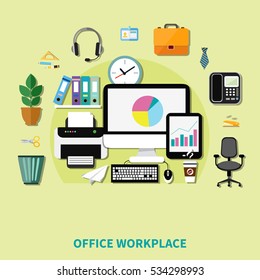 Office workplace composition of decorative icons with computer printer phone shelf with folders and waste basket flat vector illustration 