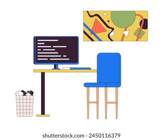 Office workplace with computer 2D linear cartoon objects. Pc monitor on desk in arranged workspace isolated line vector elements white background. Minimalist interior color flat spot illustration