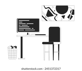 Lugar de trabajo de la oficina con el objeto de dibujos animados de la línea 2D blanco y negro del ordenador. Monitor de PC en el escritorio en el espacio de trabajo organizado elementos de contorno de Vector aislado. Ilustración de punto plano monocromática interior minimalista