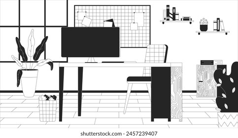 Office workplace with computer black and white line illustration. Pc on desk of corporate employee 2D interior monochrome background. Cozy workspace organization outline scene vector image