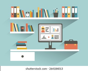 Office workplace with computer and book shelves. Flat design vector illustration. 