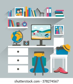 Office workplace with computer and book shelves. Traveller office.Flat design vector illustration.