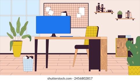 Lugar de trabajo de oficina con ilustración plana de dibujos animados. Pc en el escritorio del empleado corporativo 2D línea interior colorido fondo. Acogedor espacio de trabajo escena de organización Vector narración Imagen