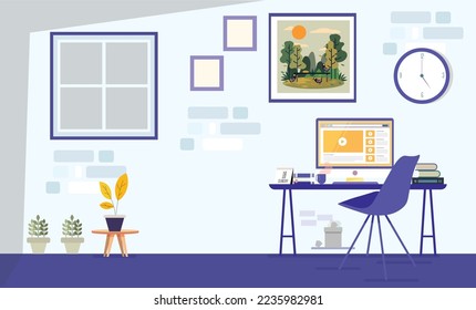 Office workplace computer desk background, home, space, work, business, desk, table, wall, studio, design