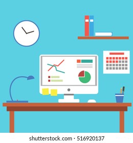Office workplace with computer, lamp, sticker, clock and calendar. Flat style vector illustration on a blue background.