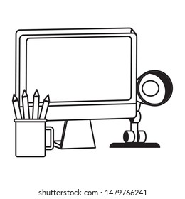 Office workplace computer with light lamp and pencils cup elements cartoons ,vector illustration graphic design.