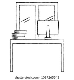 office workplace with computer and windows scene icons