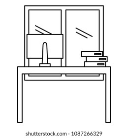 office workplace with computer and windows scene icons
